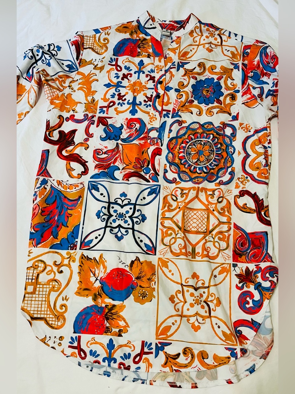 Women’s Printed Tile-Pattern Shirt Dress in White, Blue & Orange